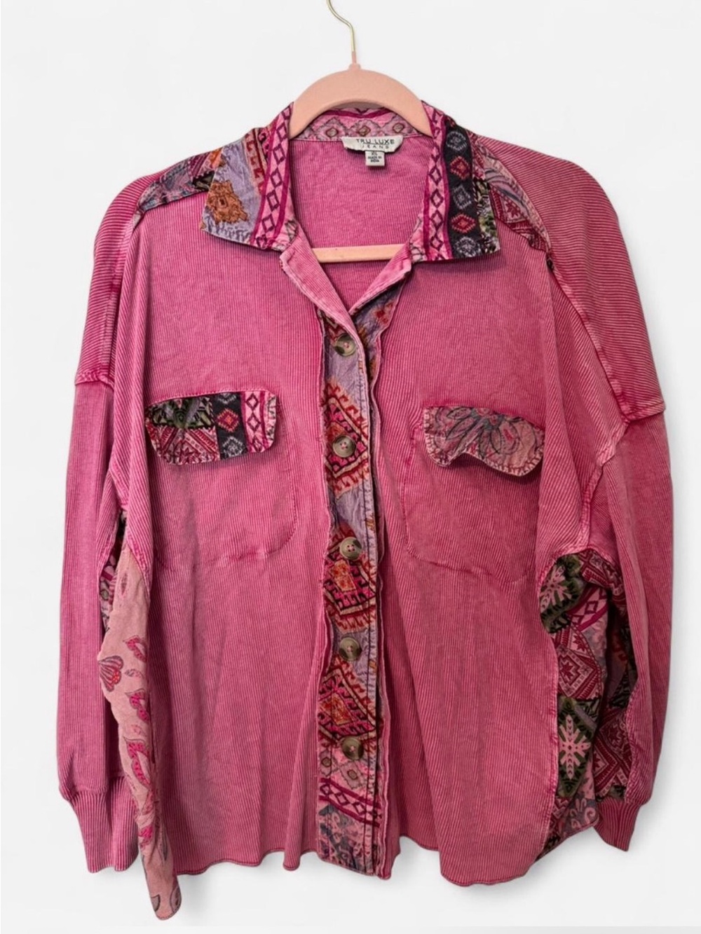 Tru Luxe Jeans Shabby Chic Pink Boho Ribbed Knit Button-Up Casual Shirt